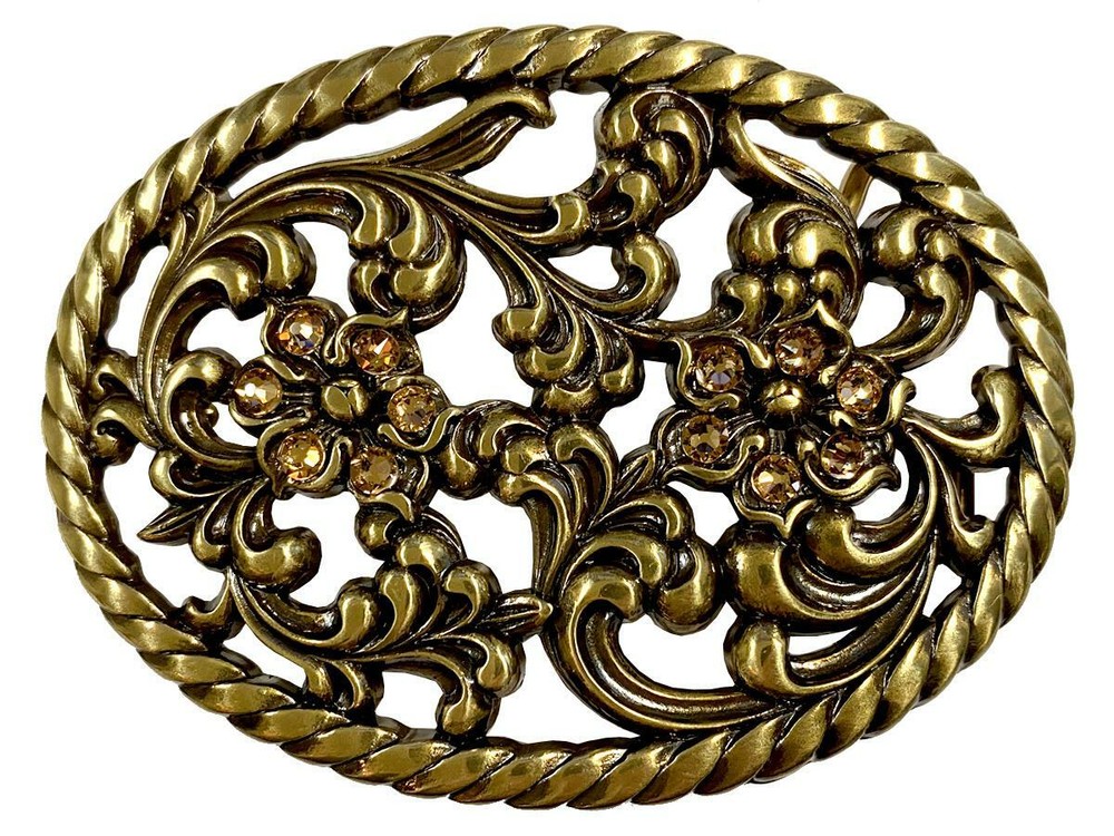Antique Brass Flower Engraved Light Colorado Topaz Rhinestone Buckle