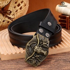 TRIWORKS Western Cowboy Leather Belt for Men Women Fit Size 34&Prime;-37&Prime;, Black