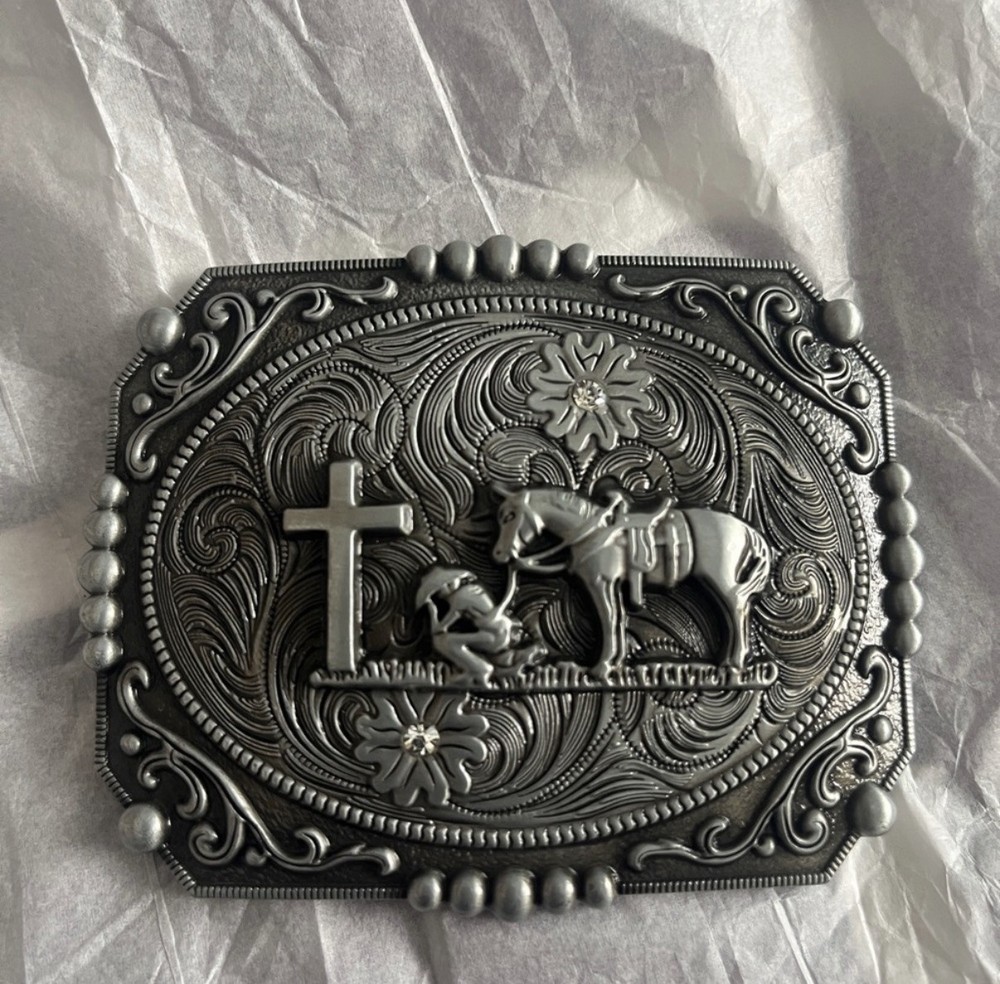 Western Floral Belt Buckle Praying Cowboy Kneeling at Cross Antique Silver Tone