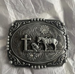 Western Floral Belt Buckle Praying Cowboy Kneeling at Cross Antique Silver Tone