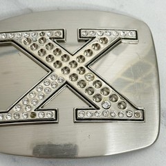 Rhinestone Studded X Letter Initial Monogram Silver Tone Belt Buckle