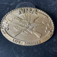 Vtg NRA Solid Brass LIFE MEMBER Belt Buckle Collectors USA Norman Foundry 1985