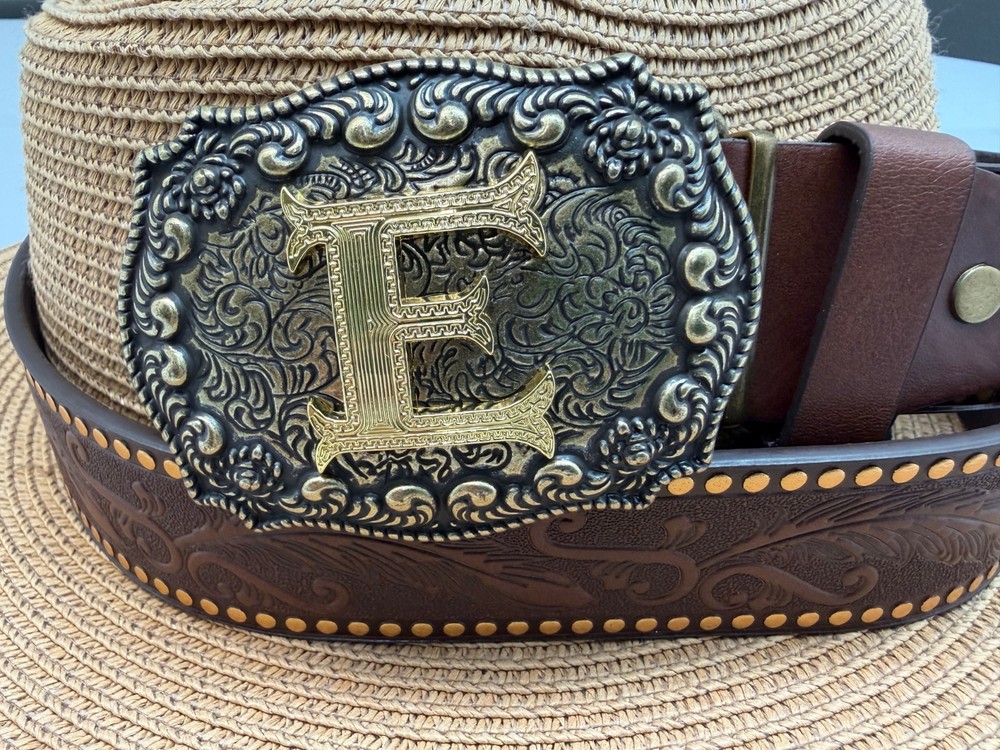 Antiqued Silver Letter Initial E Gold Classic Rectangle Flower Belt Buckle