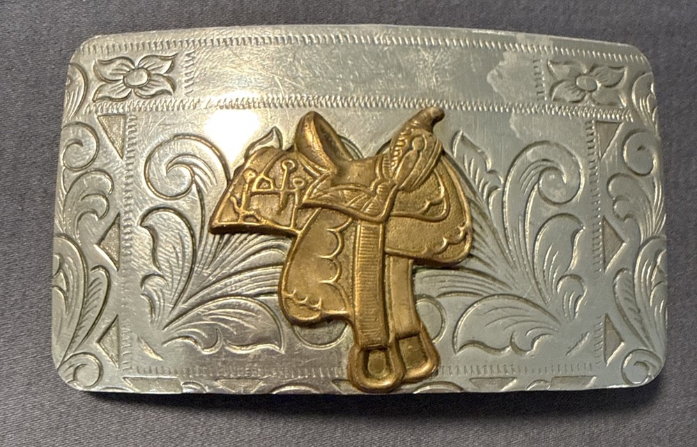 Vintage Rockmount Denver Colorado Nickel Silver Horse Saddle Western Belt Buckle
