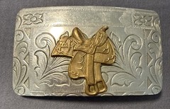 Vintage Rockmount Denver Colorado Nickel Silver Horse Saddle Western Belt Buckle