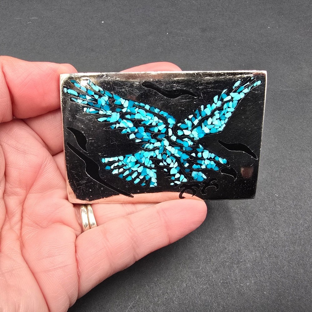 Vintage Mexico Silver Tone Turquoise Inlay Flying Eagle Rectangle Belt Buckle