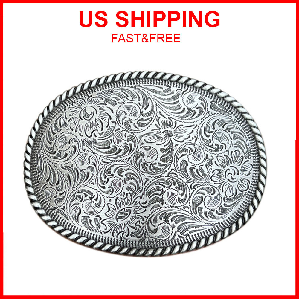 Silvery Western Cowboy Belt Buckle Antique Floral Engrave Copper Belt Buckle
