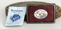 VTG Solid Brass Belt Buckle w/ Leather Native Made Polar Bear Scrimshaw Center