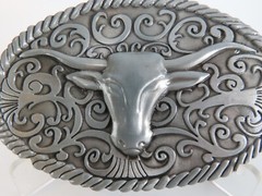 New Steer Long Horn Belt Buckle Cowboy Ornate Rodeo in Package Pewter Tone