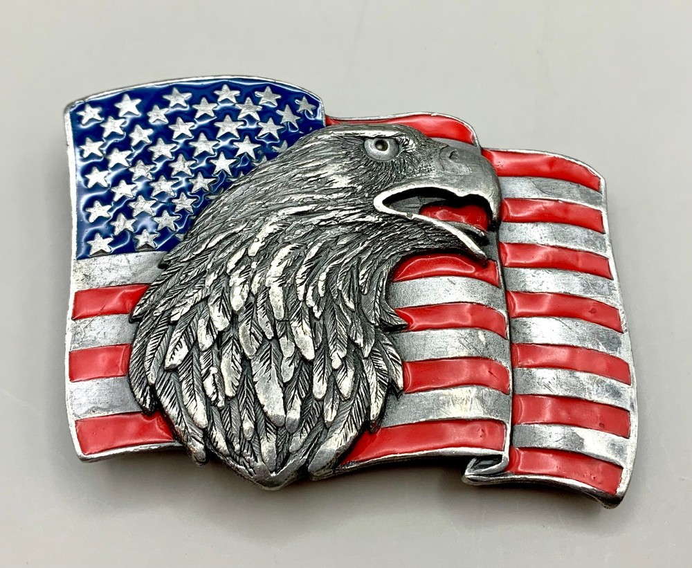 Mens Belt Buckle Patriotic Blue Red Silver Flag Eagle Siskiyou Buckle Co USA