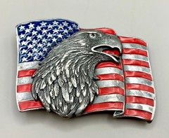 Mens Belt Buckle Patriotic Blue Red Silver Flag Eagle Siskiyou Buckle Co USA