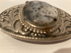 Oval Agate Floral Belt Buckle Silver Tone With Black Enamel 2&Prime; x 3&Prime;