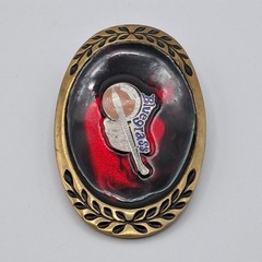Vintage Bluegrass Belt Buckle Brass 3D Bango Red Enamel Inlay Blue Script Rare