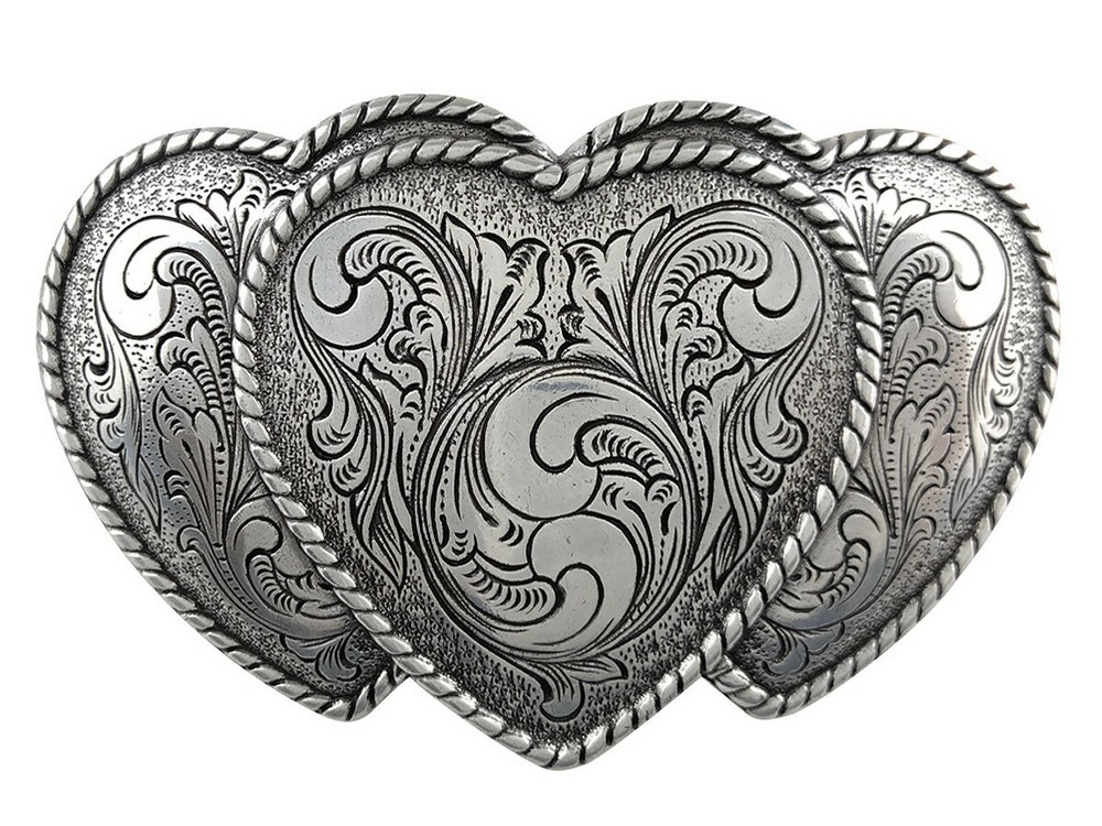 Engraved Triple Hearts Cowgirl Sterling Silver Plated Ladies Western Belt Buckle