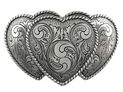 Engraved Triple Hearts Cowgirl Sterling Silver Plated Ladies Western Belt Buckle