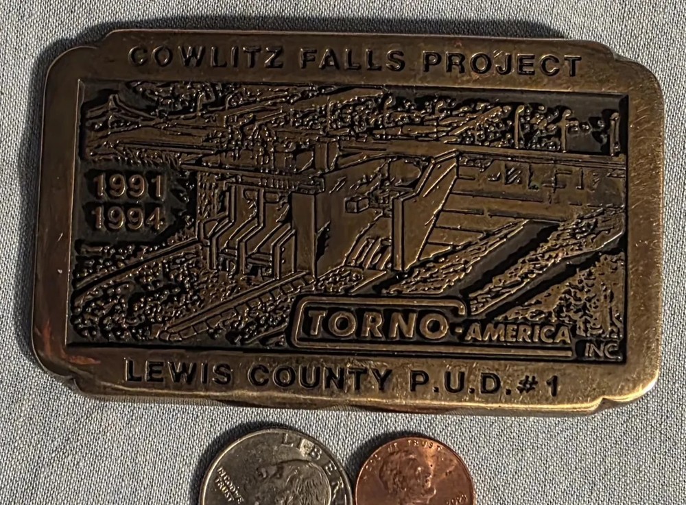 Vintage 1992 Metal Belt Buckle, Brass, Cowlitz Falls Project, Torno, Lewis Count