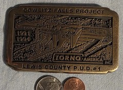 Vintage 1992 Metal Belt Buckle, Brass, Cowlitz Falls Project, Torno, Lewis Count