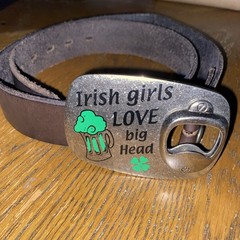 Irish Bottle Opener Belt Buckle W Leather 40” W Dark Brown Belt W Saying
