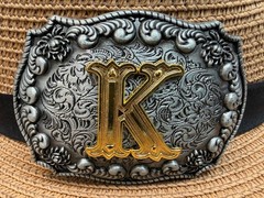 Antiqued Silver Gold Initial K Rectangle Western Cowboy Floral Vine Belt Buckle