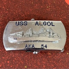 U.S. Navy belt buckle. “U.S.S. Algol AKA-54. Raised ship graphic.