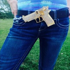 Gun Belt Buckle Rhinestones Gold Metal Iced Men Fashion Pistol Real Cowboy Style