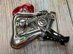 Woman Hugging V-Twin Engine with Red Enamel Hair Novelty Figural Belt Buckle