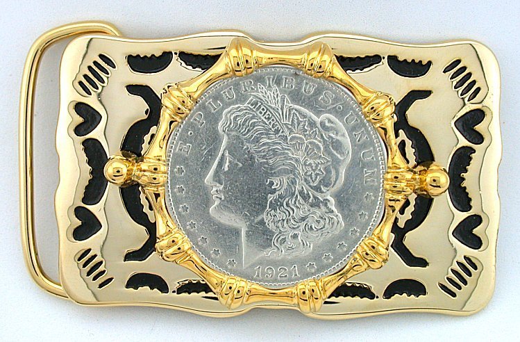 Gold Color Western Heart REAL 1921 Morgan Silver Dollar Belt Buckle EPBB176