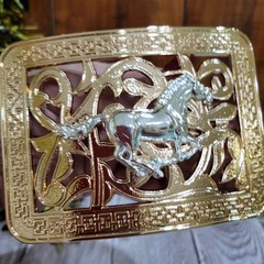 Running Horse Western Belt Buckle Rose Tone And Silver Cowboy Rodeo Buckle