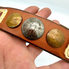 Mens Vintage Western Belt 29-34 Leather Brown Painted Coin Concho