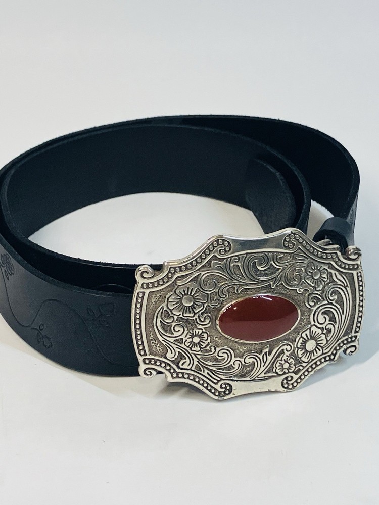 Womens Linea Pelle Black Leather Belt with Floral Buckle Large