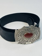 Womens Linea Pelle Black Leather Belt with Floral Buckle Large