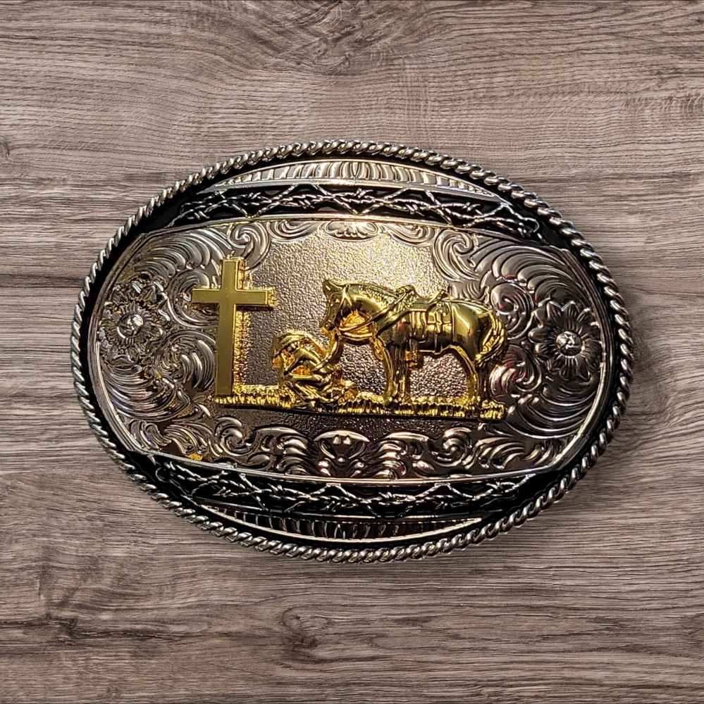 Christian Cowboy Belt Buckle For Man 4 3/8&Prime; x 3 1/8&Prime; Silver Tone/Black/Gold