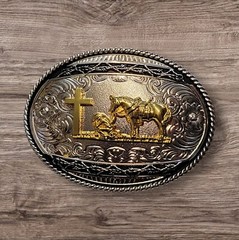 Christian Cowboy Belt Buckle For Man 4 3/8&Prime; x 3 1/8&Prime; Silver Tone/Black/Gold