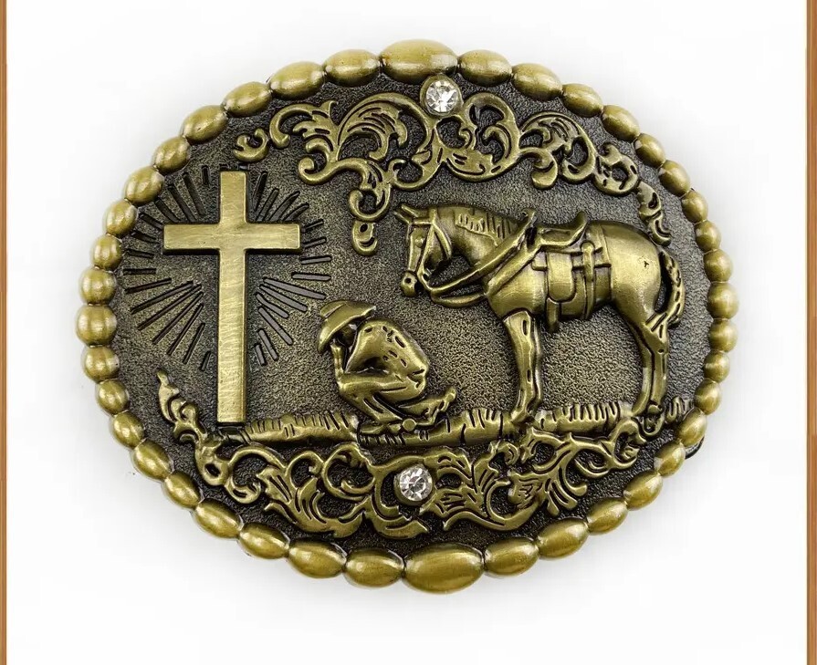 Belt Buckle Praying Cowboy Rodeo Western Horse Faith Cross Religious Floral