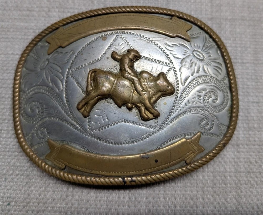 vintage RODEO buckle belt BULL RIDER cowboy GERMAN SILVER trophy WESTERN floral