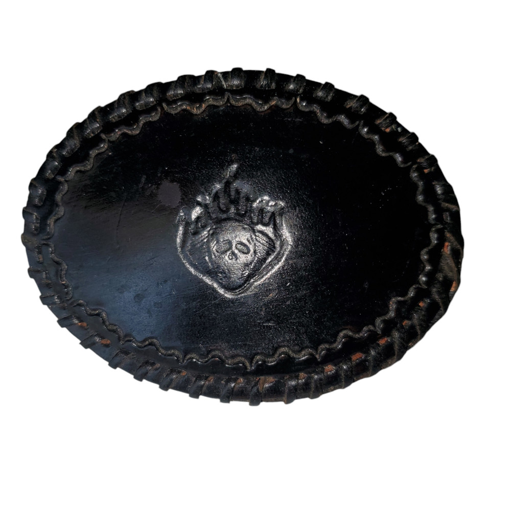 Black Leather Oval Belt Buckle Embossed Flaming Skull Goth Rockabilly Rock Punk