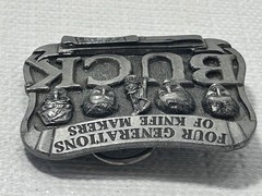 Buck Knives Belt Buckle Four Generations Of Knife Makers Pewter Smoky MT. Knife