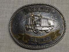 vintage USA made TRUCKER belt buckle OVERSIZED engraved WESTERN cowboy BRASS