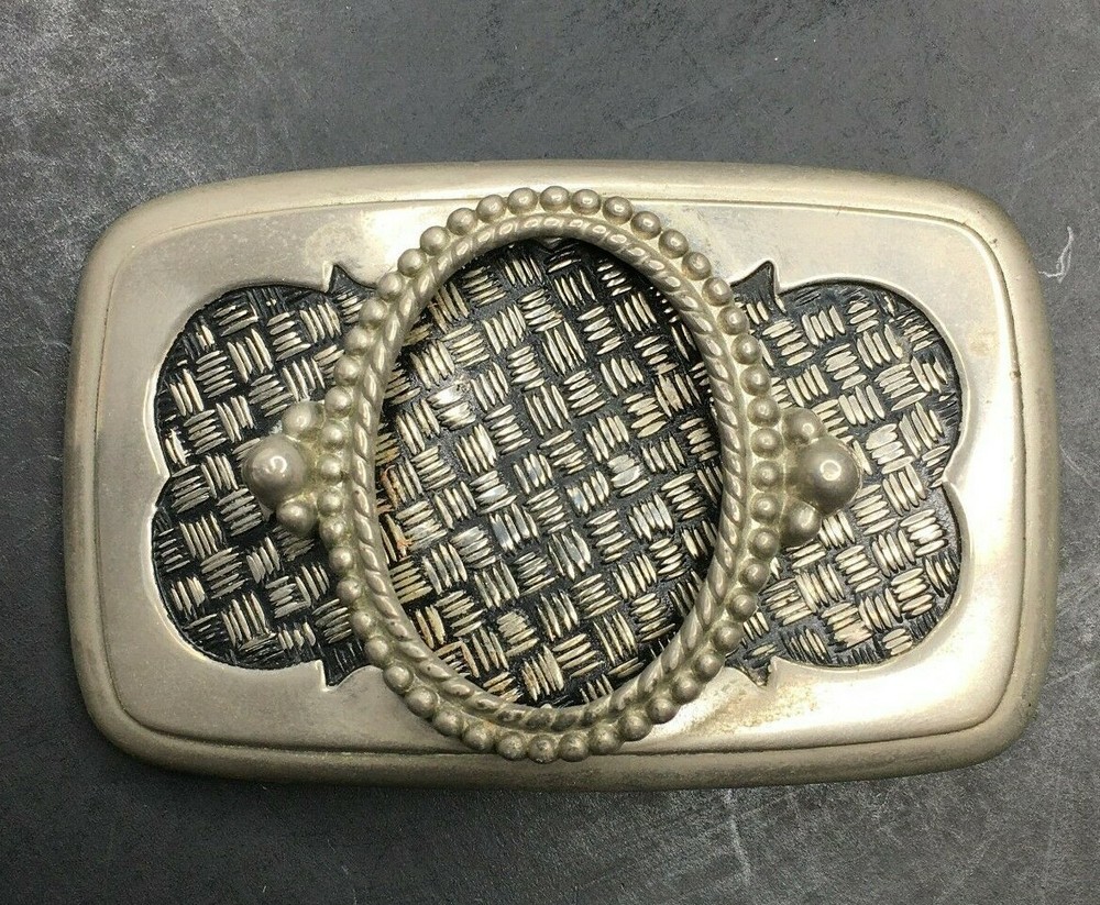 Western Belt Buckle Basket Weave Portrait Stone Insert Silver Tone Vintage