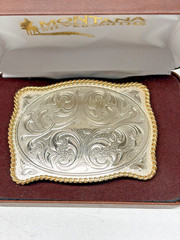 Montana Silversmiths Two-Tone Engraved Belt Buckle Gold Tone Twisted Rope Trim