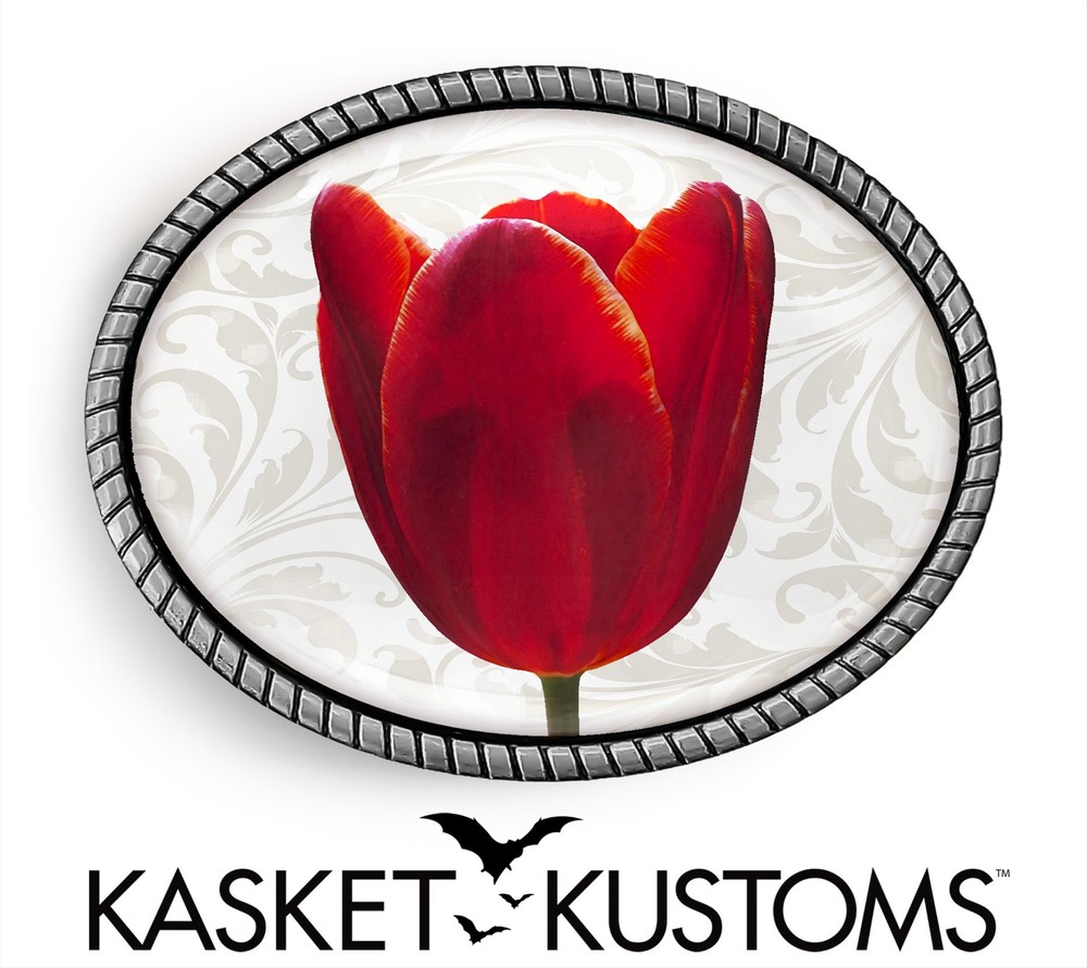 Red Tulip Belt Buckle – Flower Floral Pattern, Silver or Gold, Oval Rope Buckle