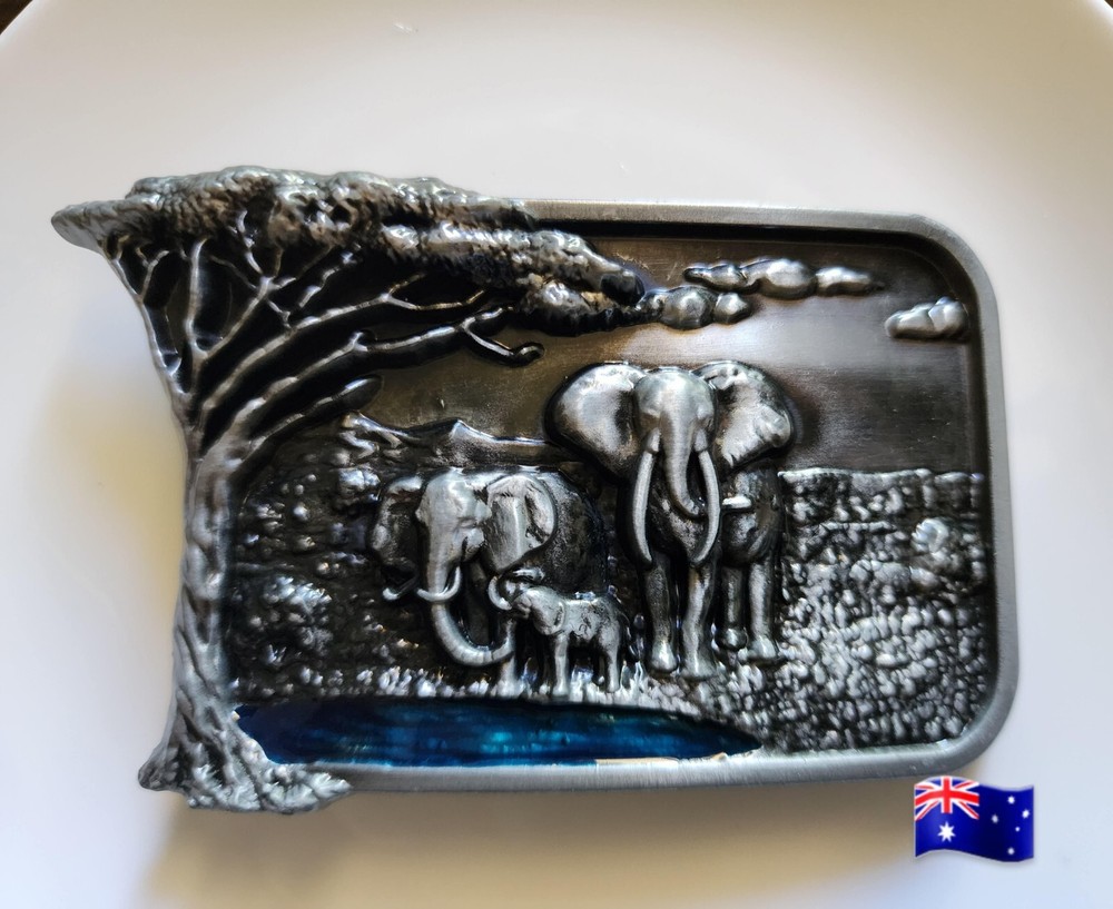 1pce Belt Buckle Elephant At Watering Hole 10.4×6.6cm Suit Belt Width 4cm