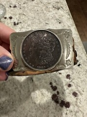 Vtg Nickel Silver 1883 Morgan Dollar Leather Belt And Buckle 395 Long G2U