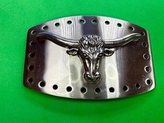 Longhorn Steer Skull Raised Silver Tone Large Belt Buckle With Hole Border