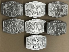 Belt Buckle Milkshake Cowboy Riding A Squirrel Smoking A Pipe 3 1/4” X 2 1/4”