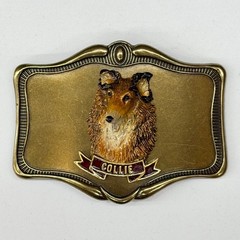 Vtg 1978 AHM Collie Dog Brass Belt Buckle Enamel 3D Relief Animal Collectible