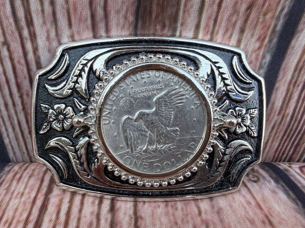 Western Belt Buckle Eagle Coin Design Silver Tone Floral Engraved USA