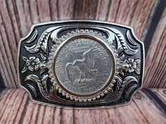 Western Belt Buckle Eagle Coin Design Silver Tone Floral Engraved USA