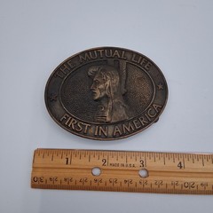 Vintage The Mutual Life First in America Insurance Advertising Metal Belt Buckle