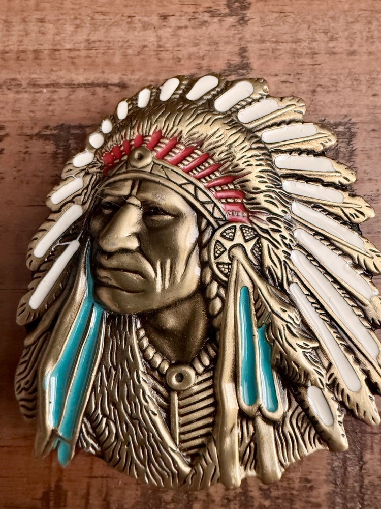 Indian Warrior Chief Belt Buckle Western Cowboy Native American Metal Enamel